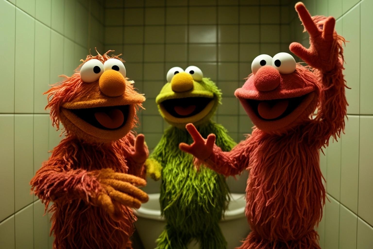 Image with seed 2331078527 generated via Stable Diffusion through @stablehorde@sigmoid.social. Prompt: The Muppets dancing wildly in the bathroom after taking psychoactive medication. The muppets are completely stoned and grinning as they are hardly able to suppress laughing.