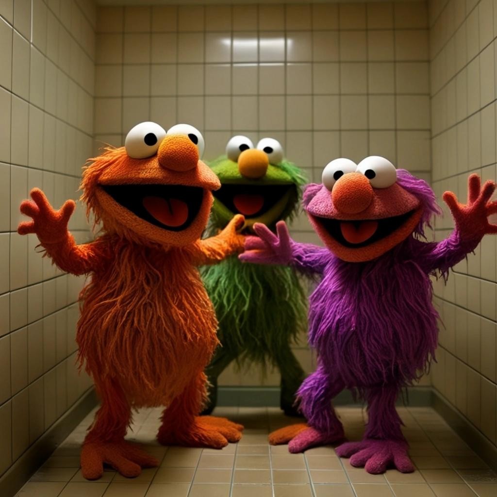 Image with seed 4149559948 generated via Stable Diffusion through @stablehorde@sigmoid.social. Prompt: The Muppets dancing wildly in the bathroom after taking psychoactive medication. The muppets are completely stoned and grinning as they are hardly able to suppress laughing.