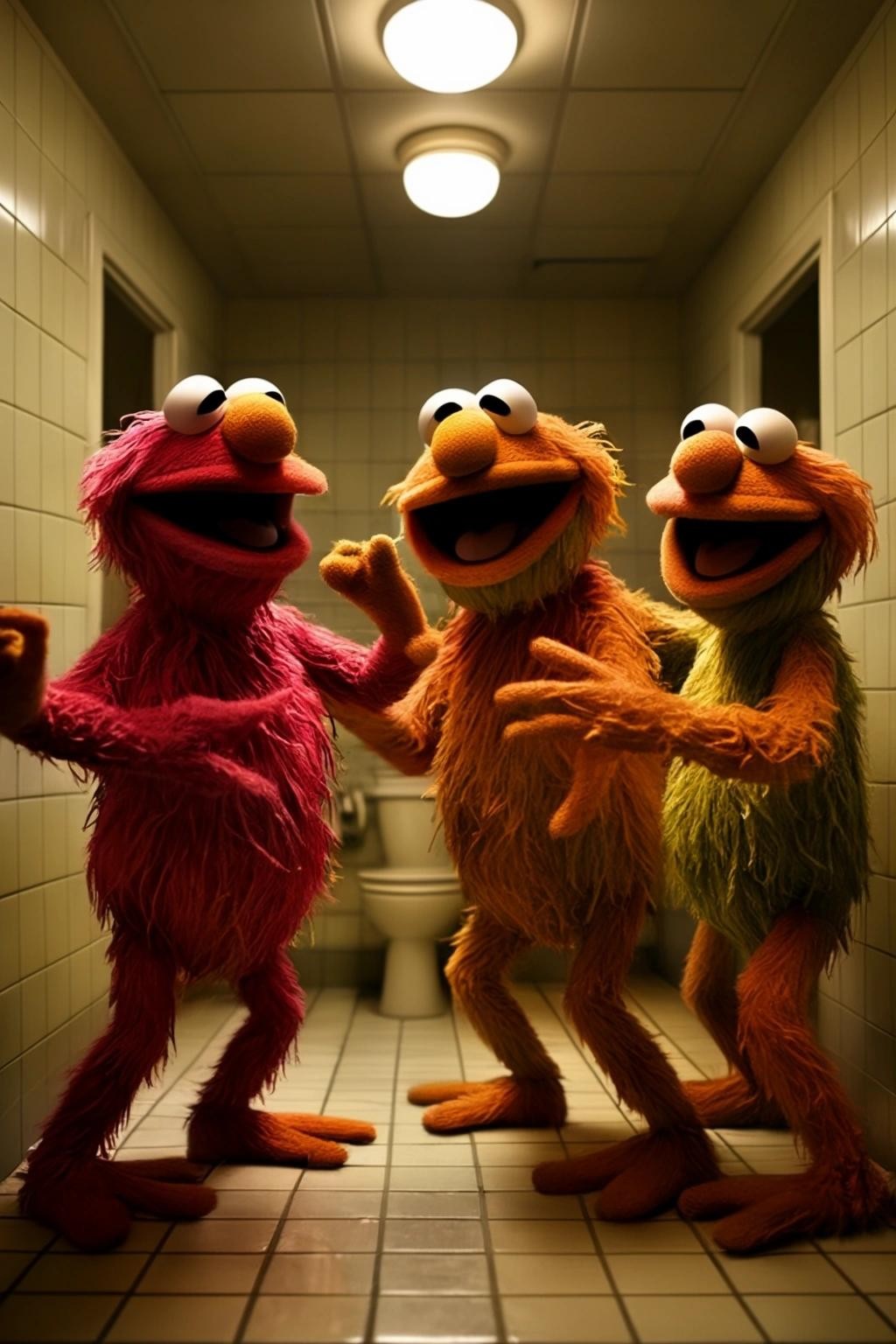 Image with seed 2247165229 generated via Stable Diffusion through @stablehorde@sigmoid.social. Prompt: The Muppets dancing wildly in the bathroom after taking psychoactive medication. The muppets are completely stoned and grinning as they are hardly able to suppress laughing.
