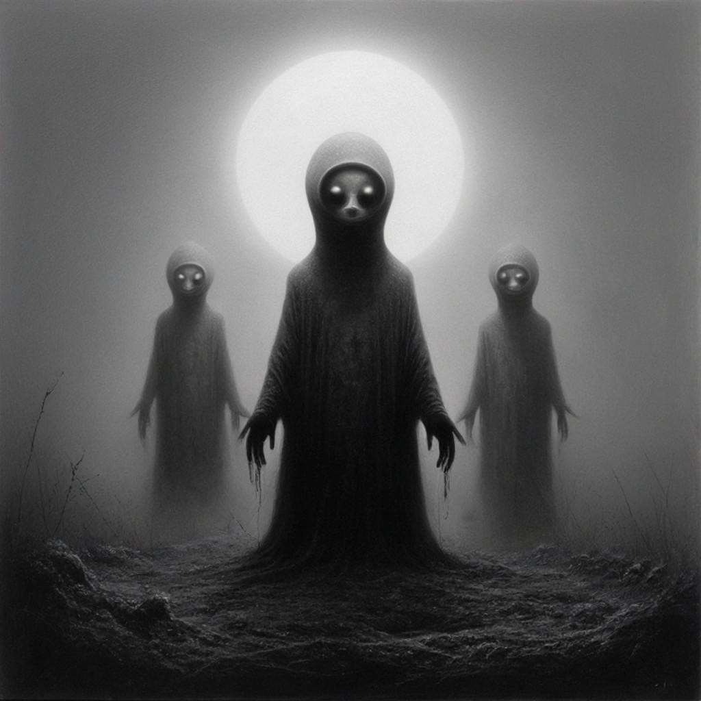 Image with seed 324586582 generated via Stable Diffusion through @stablehorde@sigmoid.social. Prompt: Occult Teletubbies, Zdzislaw Beksinski, Stephen Gammell, Yossi Kotler