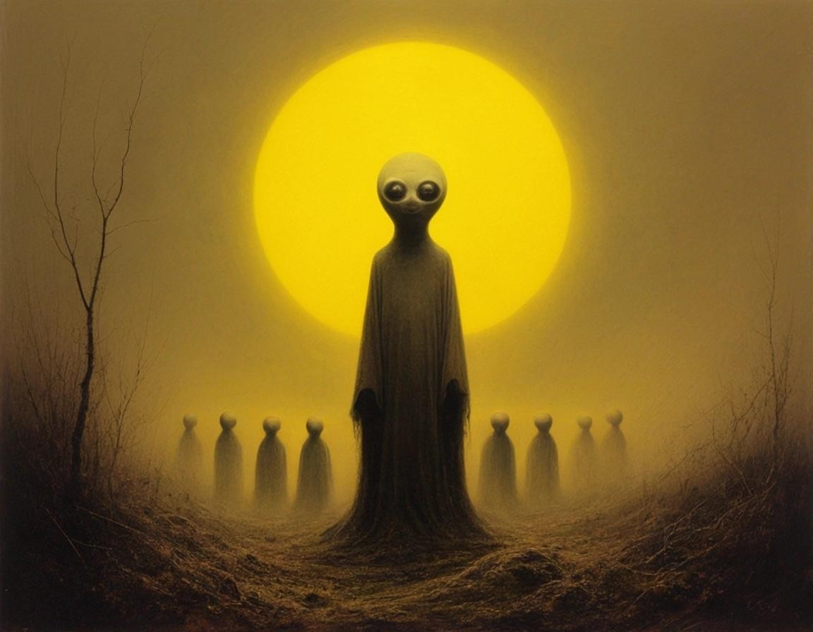 Image with seed 2541124268 generated via Stable Diffusion through @stablehorde@sigmoid.social. Prompt: Occult Teletubbies, Zdzislaw Beksinski, Stephen Gammell, Yossi Kotler