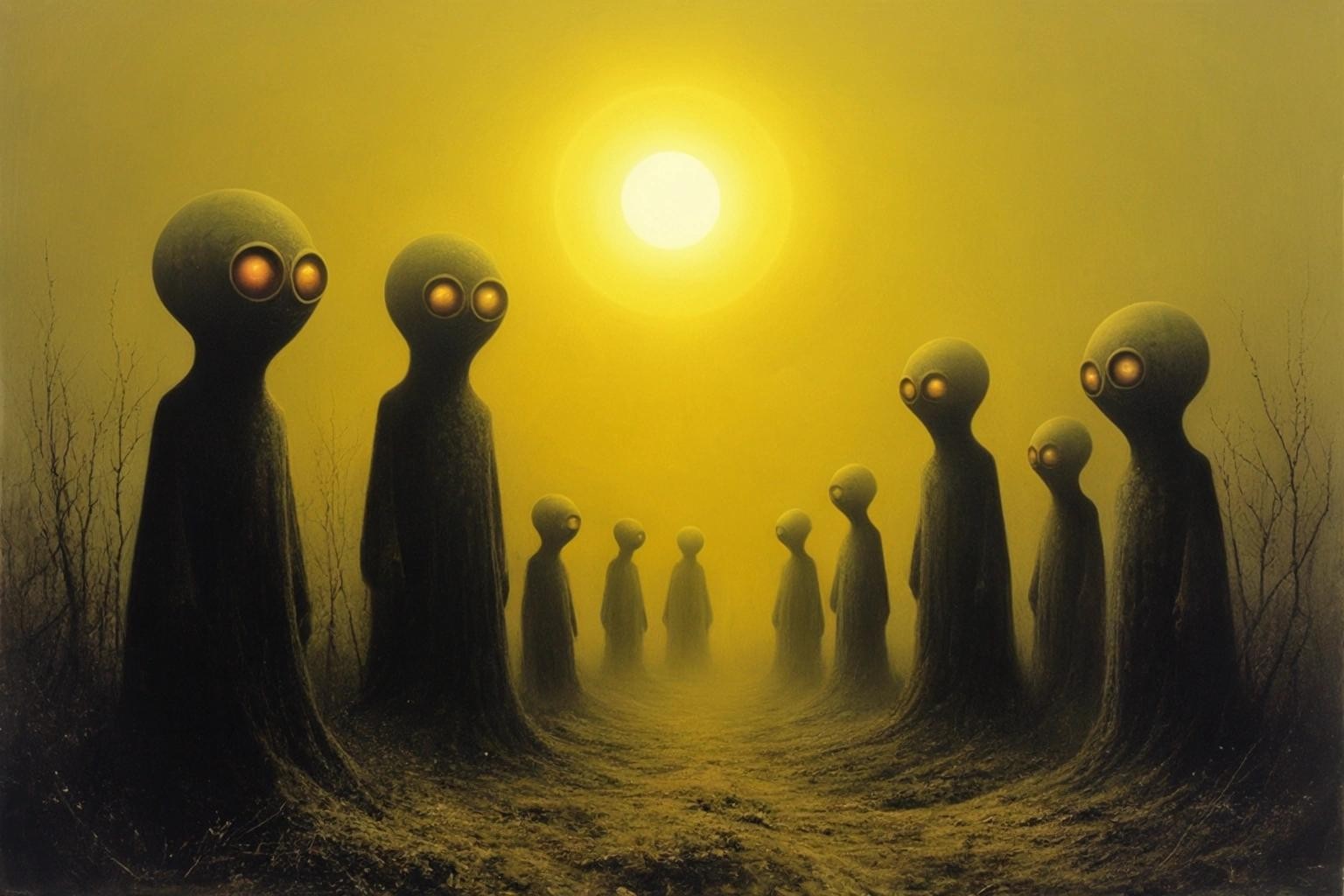 Image with seed 2566313912 generated via Stable Diffusion through @stablehorde@sigmoid.social. Prompt: Occult Teletubbies, Zdzislaw Beksinski, Stephen Gammell, Yossi Kotler