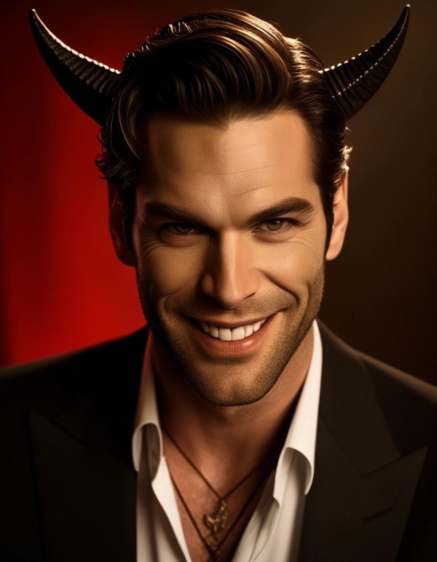 Image with seed 1383456317 generated via Stable Diffusion through @stablehorde@sigmoid.social. Prompt: Lucifer Morningstar being a very handsome devil, seductive grin