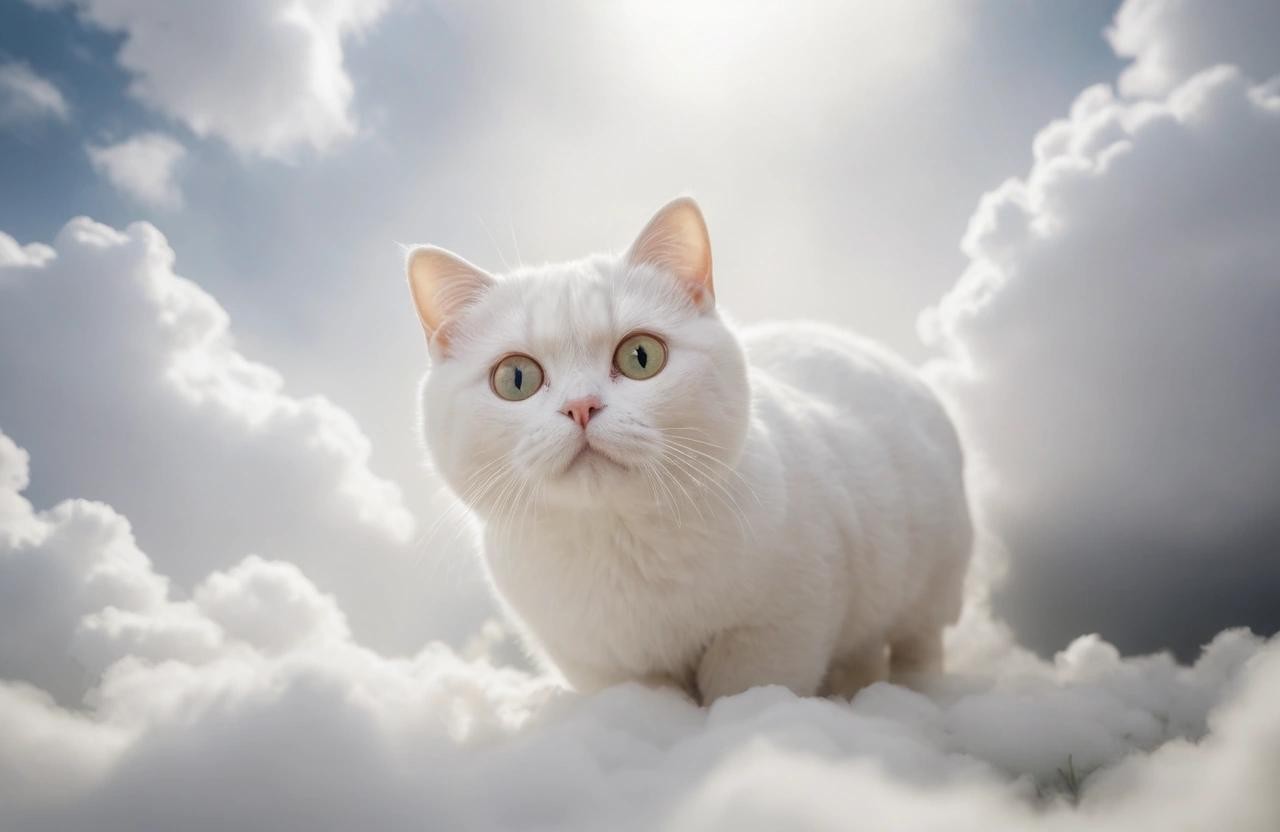 Image with seed 3416168063 generated via Stable Diffusion through @stablehorde@sigmoid.social. Prompt: white British short hair cat in heaven , wildlife photography, photograph, high quality, wildlife, f 1.8, soft focus, 8k, national geographic, award-winning photograph by nick nichols###