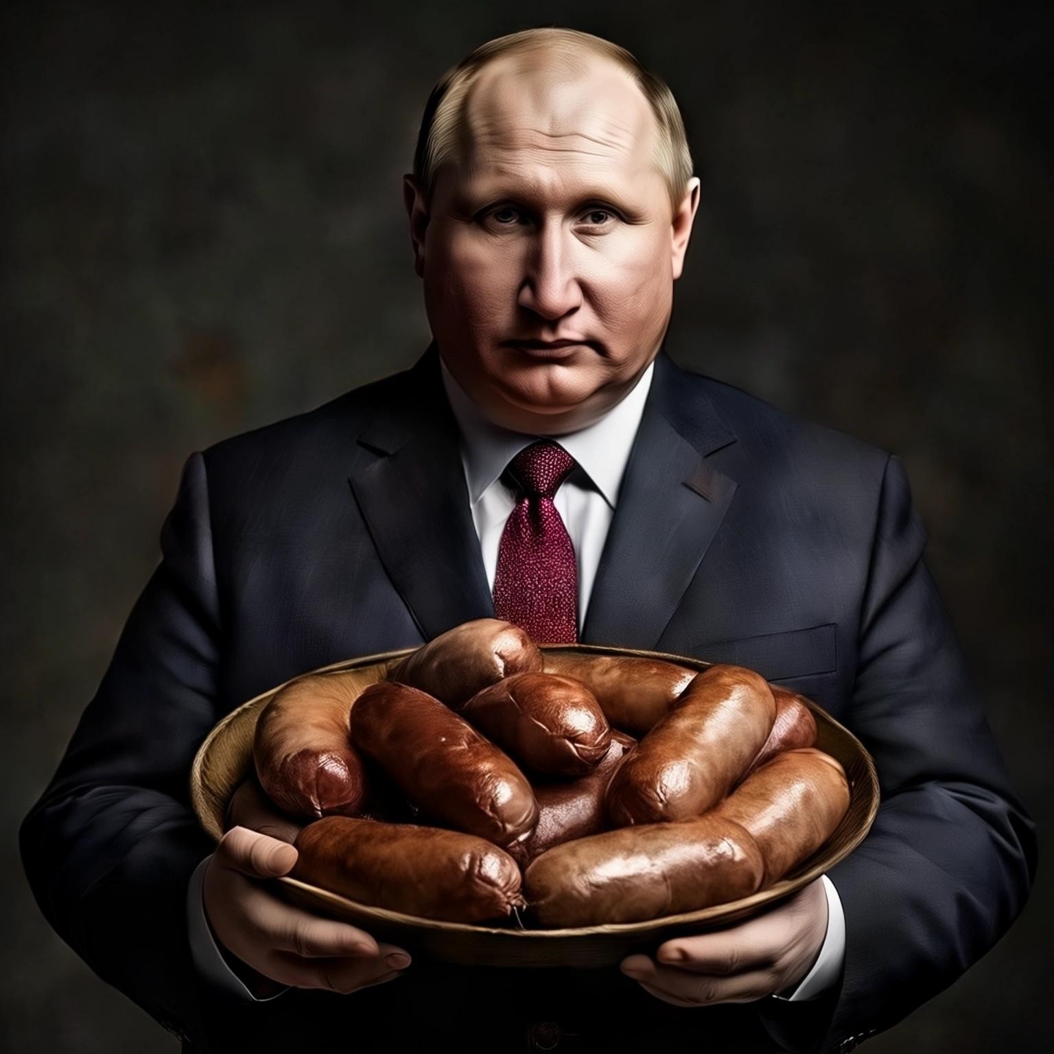 Image with seed 486922064 generated via Stable Diffusion through @stablehorde@sigmoid.social. Prompt: a photo of a fat Putin with sausages in his hands.