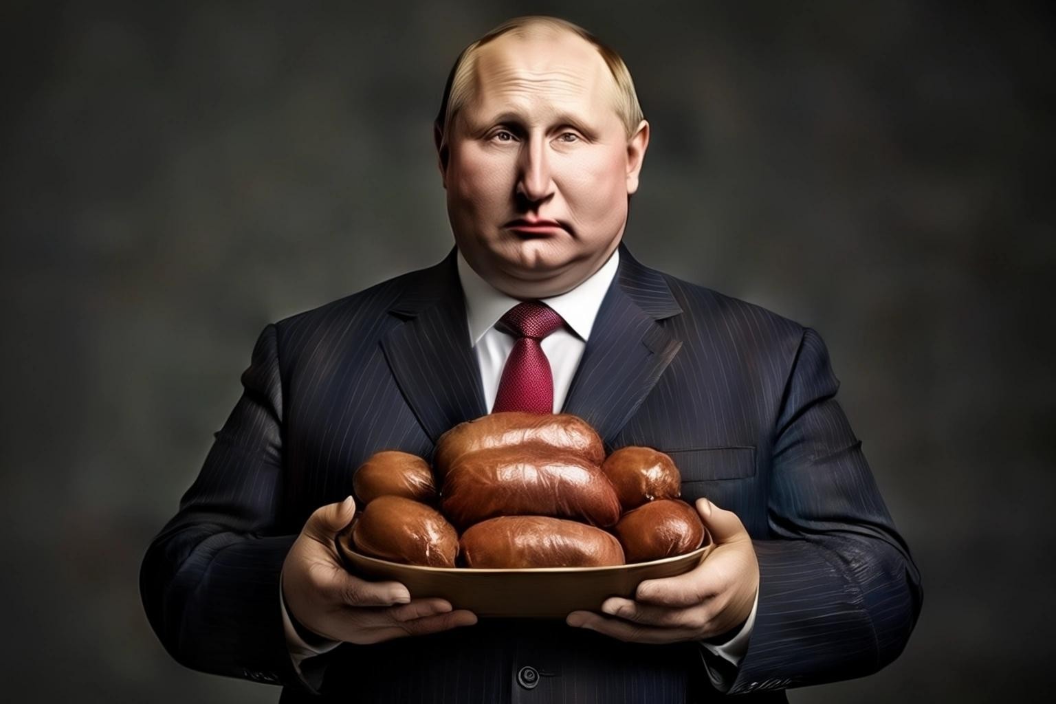 Image with seed 3299380578 generated via Stable Diffusion through @stablehorde@sigmoid.social. Prompt: a photo of a fat Putin with sausages in his hands.
