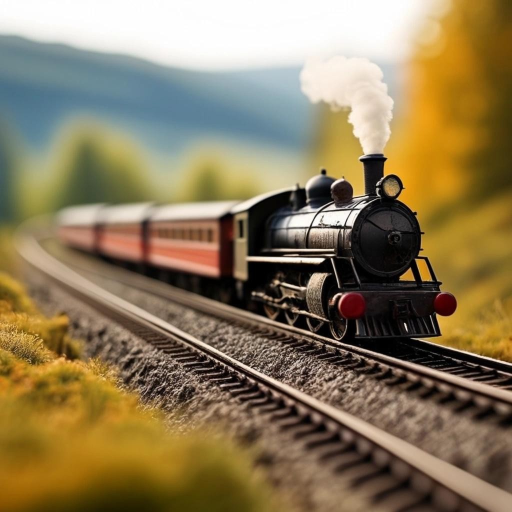 Image with seed 102140289 generated via Stable Diffusion through @stablehorde@sigmoid.social. Prompt: European landscape with steam train, shallow depth of field, in the style of Märklin and Faller