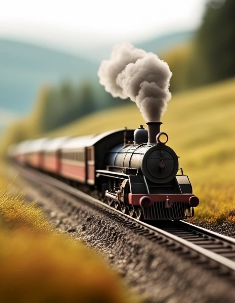 Image with seed 3963314457 generated via Stable Diffusion through @stablehorde@sigmoid.social. Prompt: European landscape with steam train, shallow depth of field, in the style of Märklin and Faller