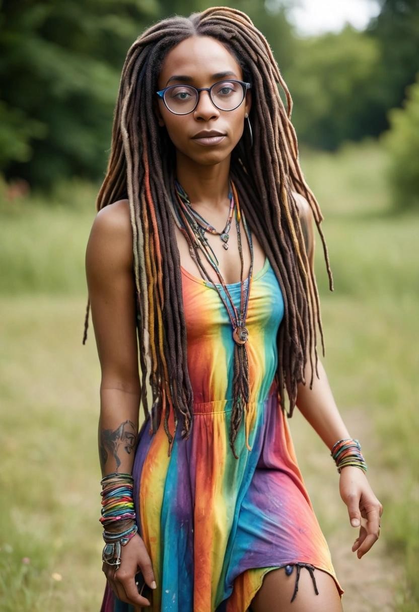 Image with seed 669754687 generated via Stable Diffusion through @stablehorde@sigmoid.social. Prompt: A beautiful Black hippie nerd woman with long rainbow coloured dreadlocks wearing glasses and a tie-dye dress, outdoors, summer 
