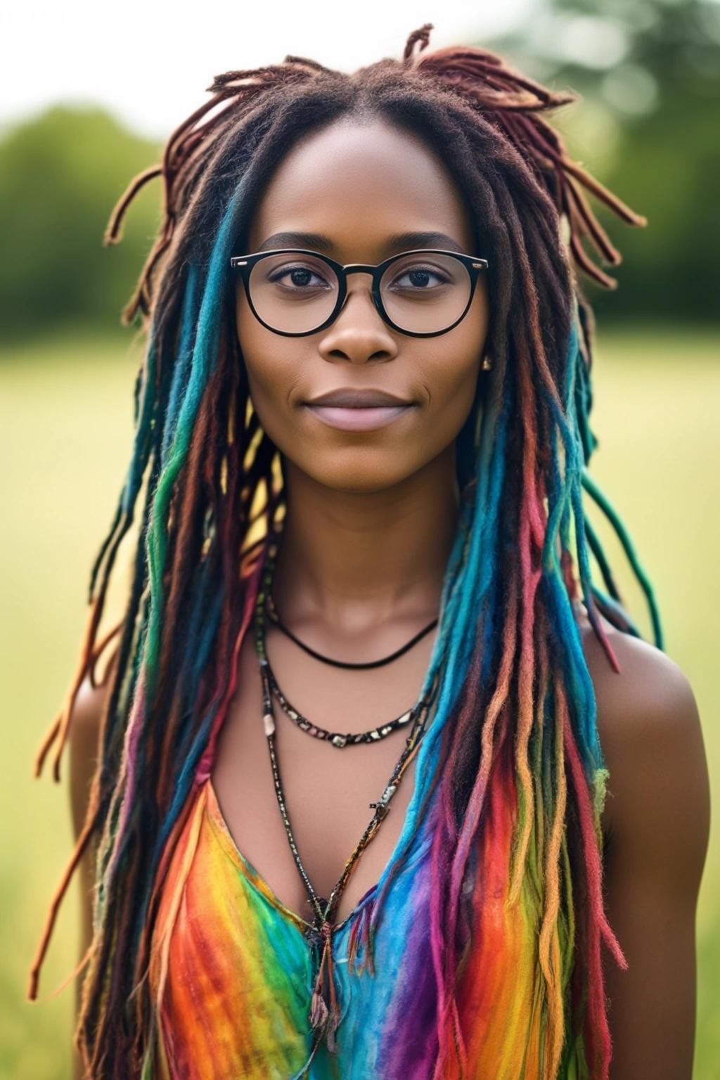 Image with seed 2361694989 generated via Stable Diffusion through @stablehorde@sigmoid.social. Prompt: A beautiful Black hippie nerd woman with long rainbow coloured dreadlocks wearing glasses and a tie-dye dress, outdoors, summer