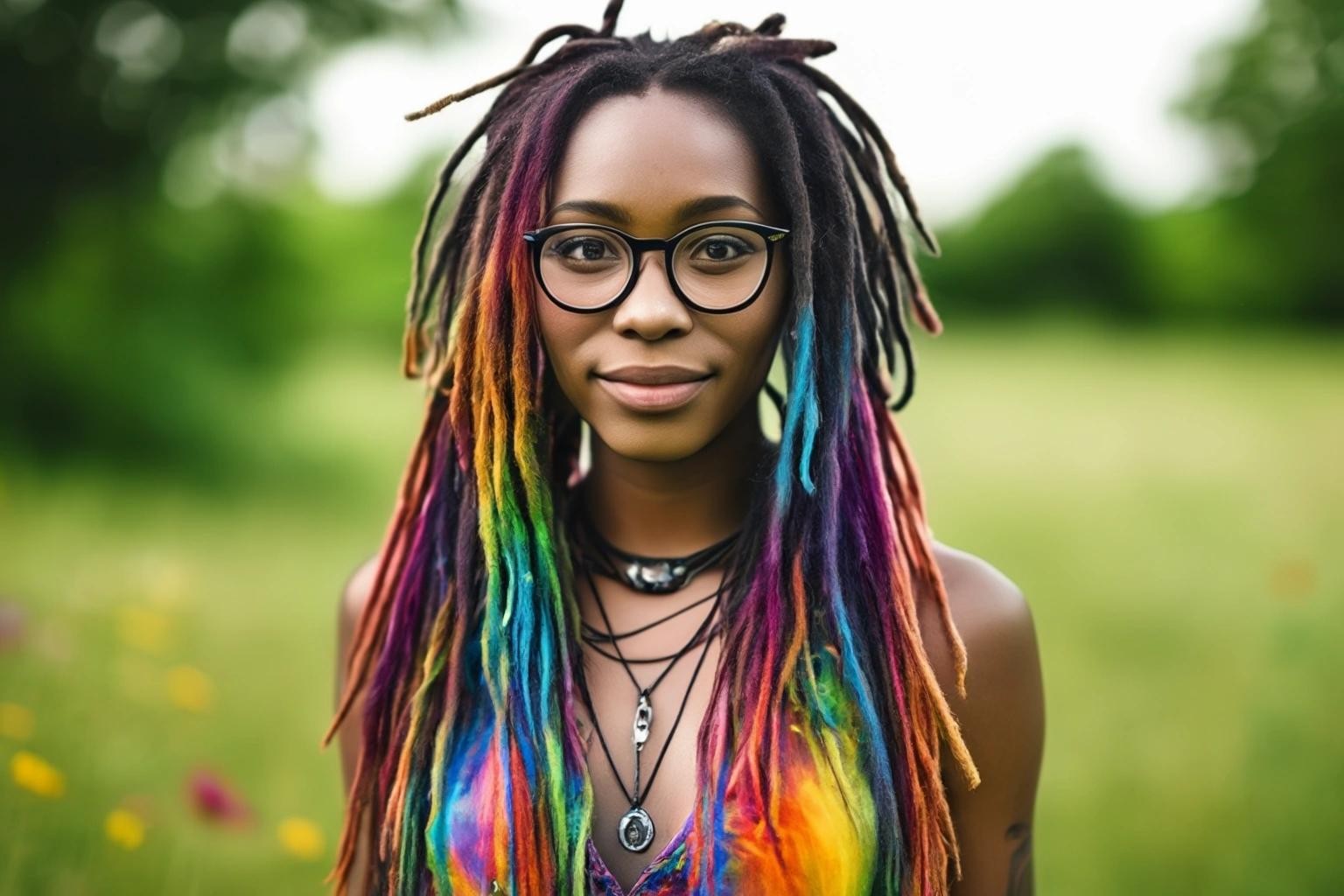 Image with seed 437942186 generated via Stable Diffusion through @stablehorde@sigmoid.social. Prompt: A beautiful Black hippie nerd woman with long rainbow coloured dreadlocks wearing glasses and a tie-dye dress, outdoors, summer