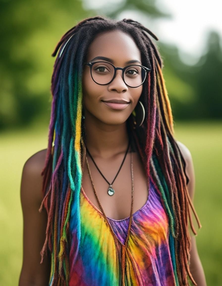 Image with seed 1167453329 generated via Stable Diffusion through @stablehorde@sigmoid.social. Prompt: A beautiful Black hippie nerd woman with long rainbow coloured dreadlocks wearing glasses and a tie-dye dress, outdoors, summer