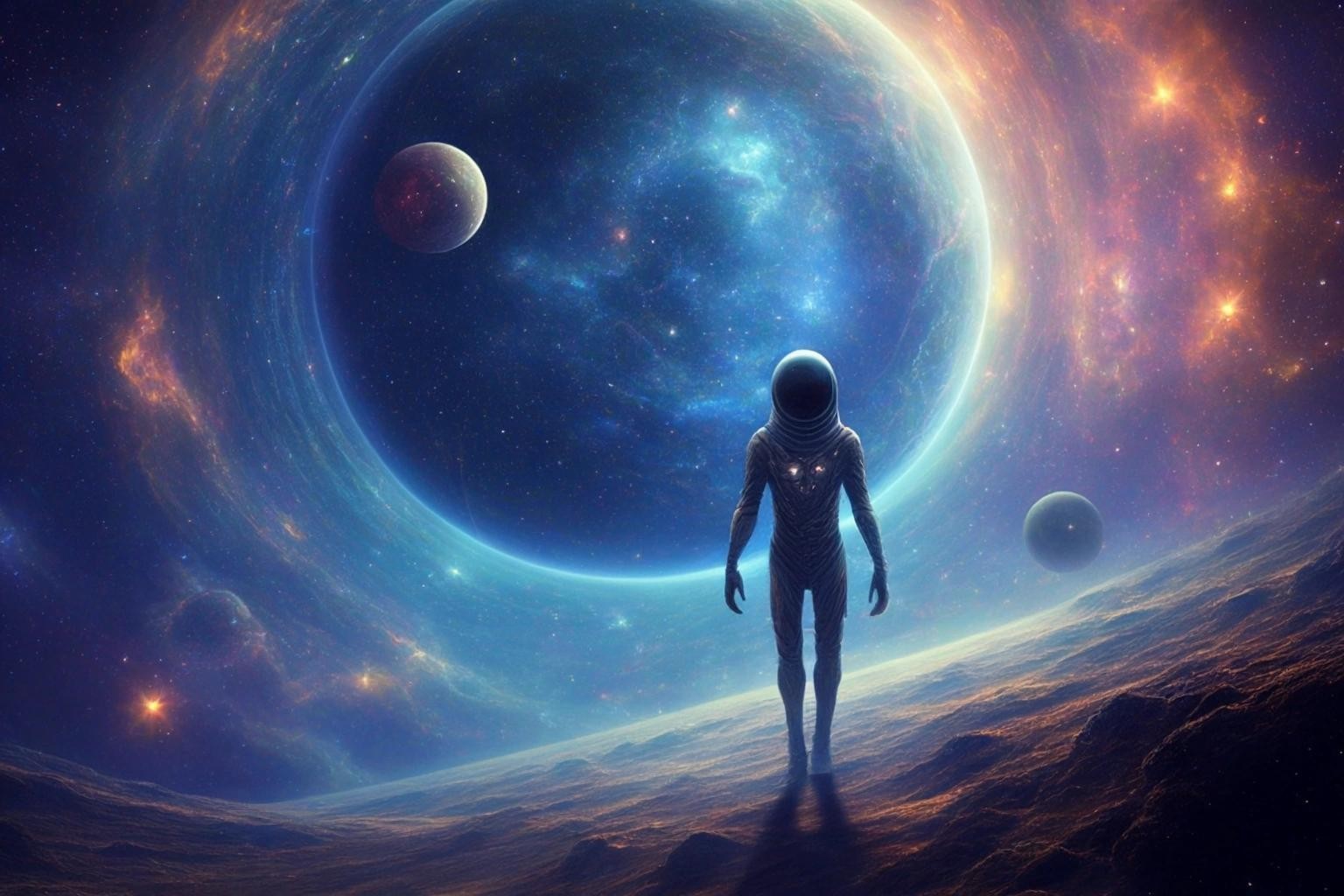 Image with seed 2419985706 generated via Stable Diffusion through @stablehorde@sigmoid.social. Prompt: cosmic wanderer on a mystical journey through spacetime, humanoid alien, science fiction, fantasy, magic, far future, deep space