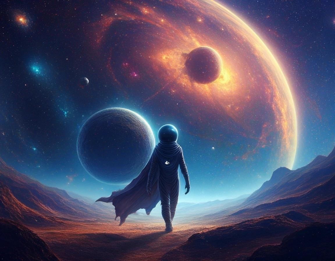 Image with seed 3288121717 generated via Stable Diffusion through @stablehorde@sigmoid.social. Prompt: cosmic wanderer on a mystical journey through spacetime, humanoid alien, science fiction, fantasy, magic, far future, deep space