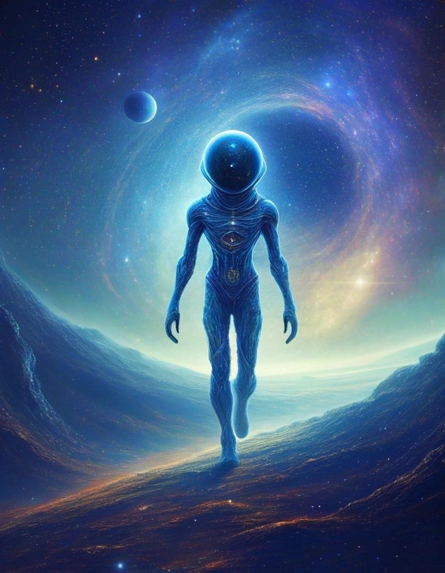 Image with seed 1524574498 generated via Stable Diffusion through @stablehorde@sigmoid.social. Prompt: cosmic wanderer on a mystical journey through spacetime, humanoid alien, science fiction, fantasy, magic, far future, deep space