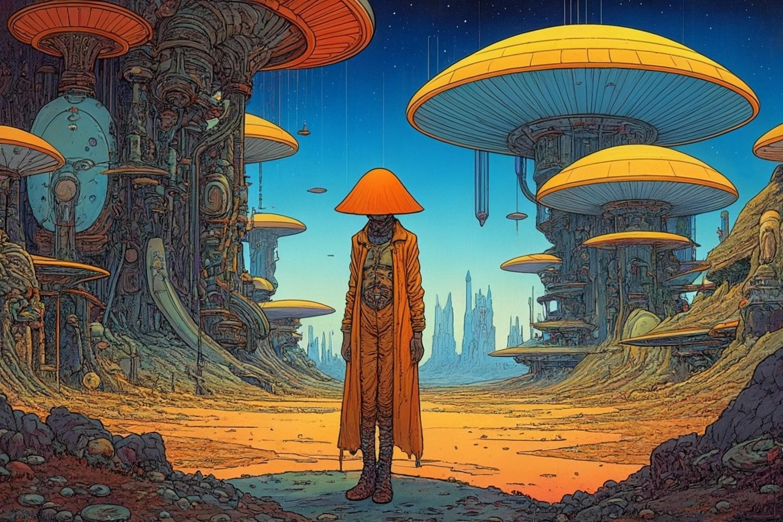 Image with seed 3672678284 generated via Stable Diffusion through @stablehorde@sigmoid.social. Prompt: forgotten future's spirit of misfortune, Futuristic Sci-Fi Biopunk Art Nouveau, Moebius, Enki Bilal, psychedelic, magic mushrooms