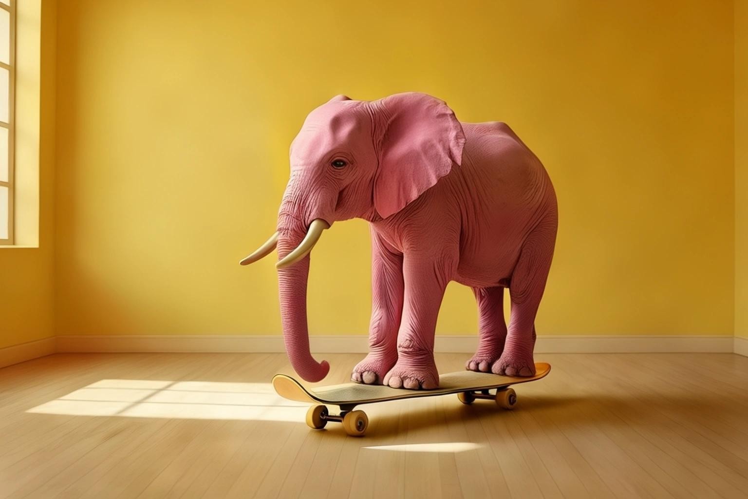Image with seed 1583940980 generated via Stable Diffusion through @stablehorde@sigmoid.social. Prompt: a realistic photograph of a pink elephant on a skateboard in a yellow empty room.