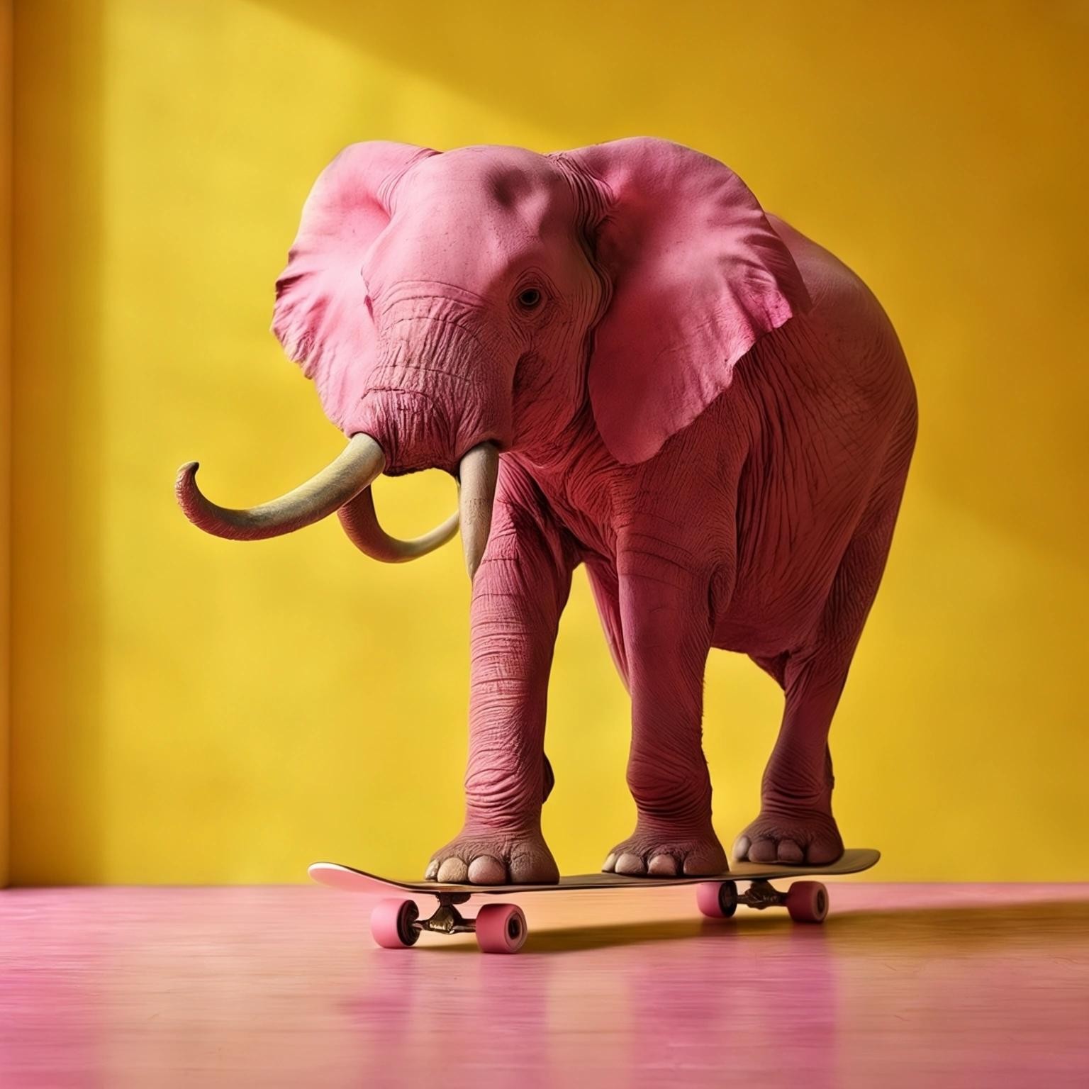 Image with seed 1734470025 generated via Stable Diffusion through @stablehorde@sigmoid.social. Prompt: a realistic photograph of a pink elephant on a skateboard in a yellow empty room.