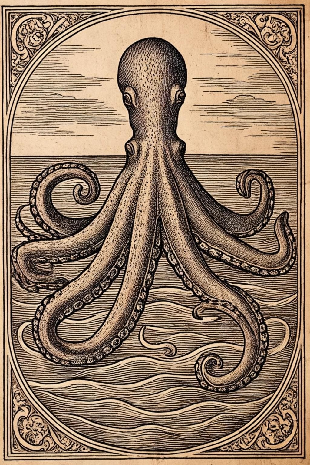 Image with seed 1908988207 generated via Stable Diffusion through @stablehorde@sigmoid.social. Prompt: a medieval woodcut of a duck-billed octopus