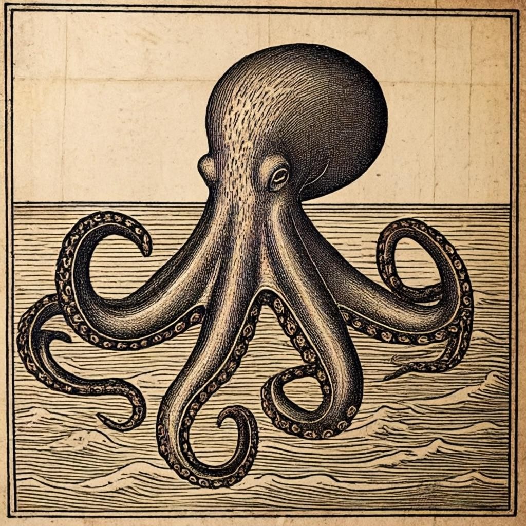 Image with seed 2354854572 generated via Stable Diffusion through @stablehorde@sigmoid.social. Prompt: a medieval woodcut of a duck-billed octopus