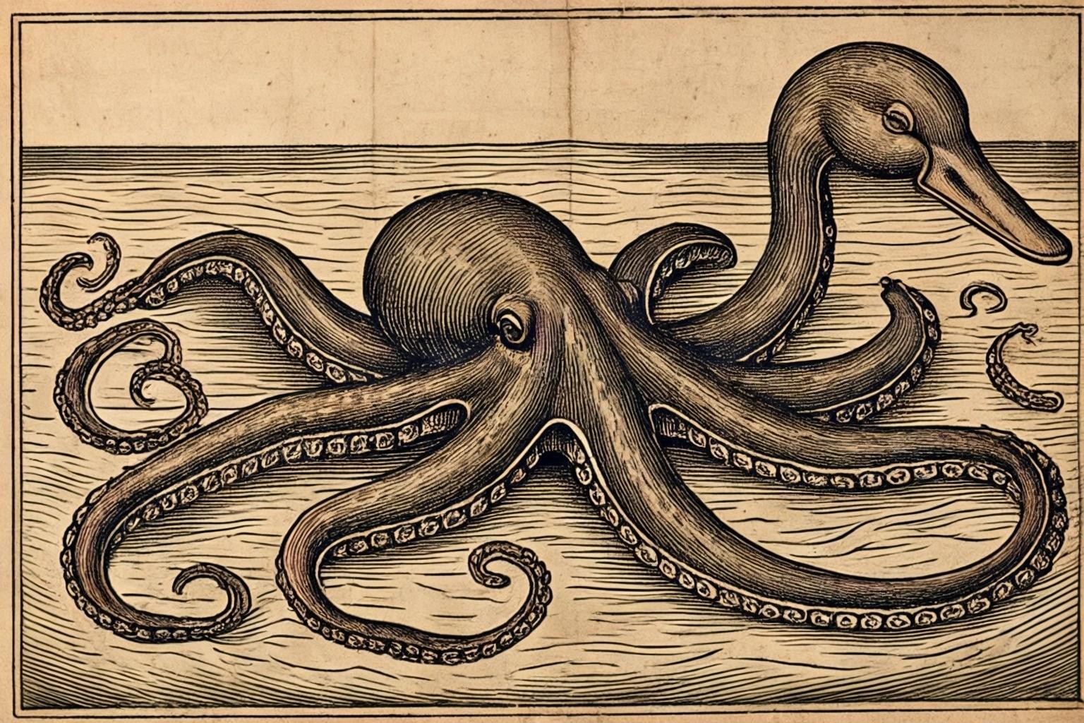 Image with seed 177211289 generated via Stable Diffusion through @stablehorde@sigmoid.social. Prompt: a medieval woodcut of a duck-billed octopus