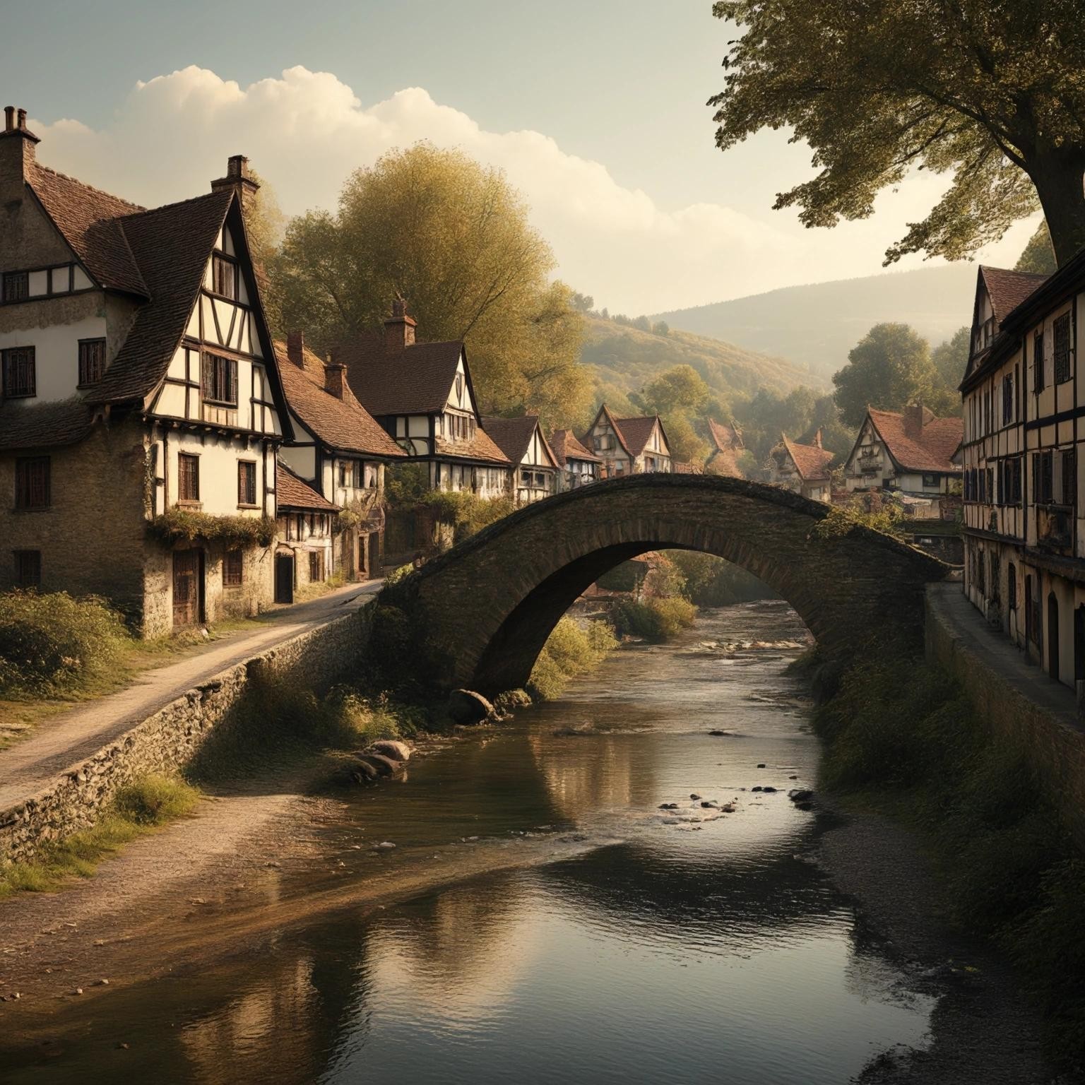 Image with seed 3578699354 generated via Stable Diffusion through @stablehorde@sigmoid.social. Prompt: an image of a litle village with river and old bridge