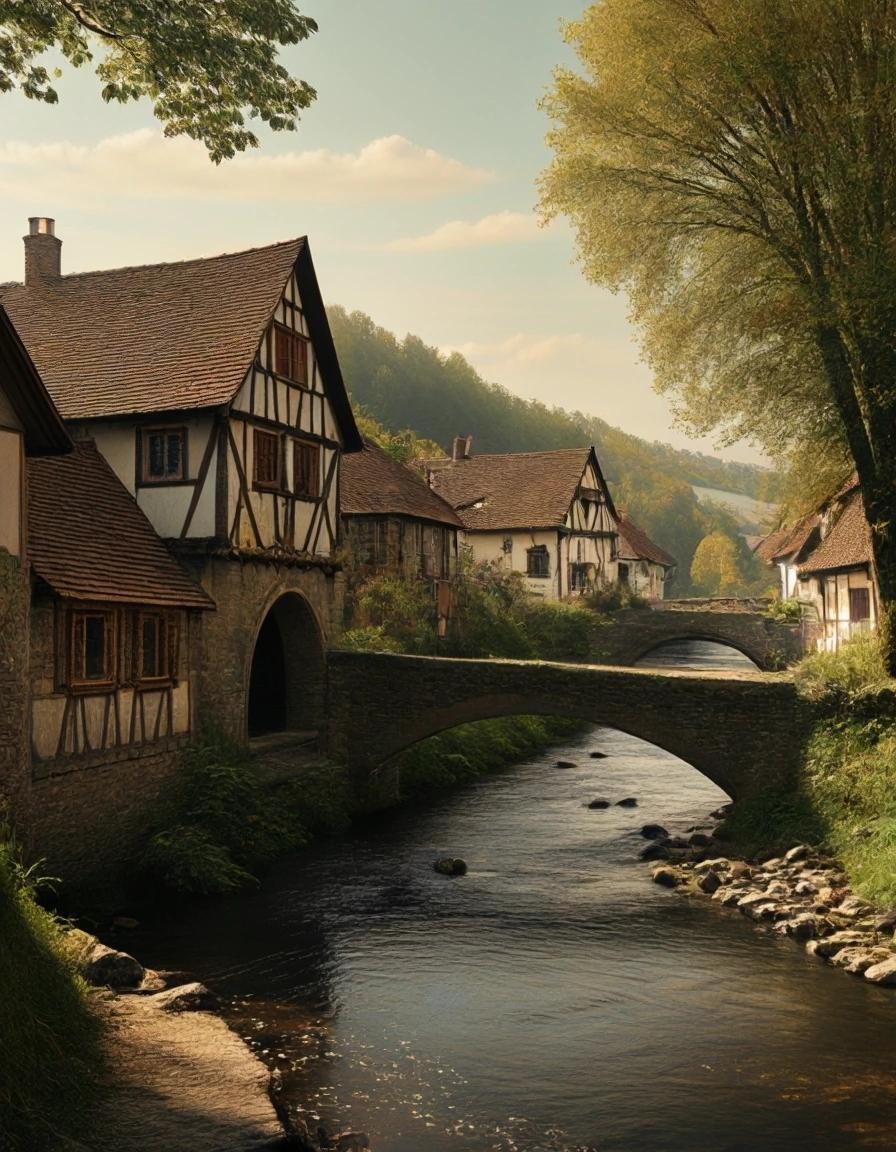 Image with seed 796289706 generated via Stable Diffusion through @stablehorde@sigmoid.social. Prompt: an image of a litle village with river and old bridge