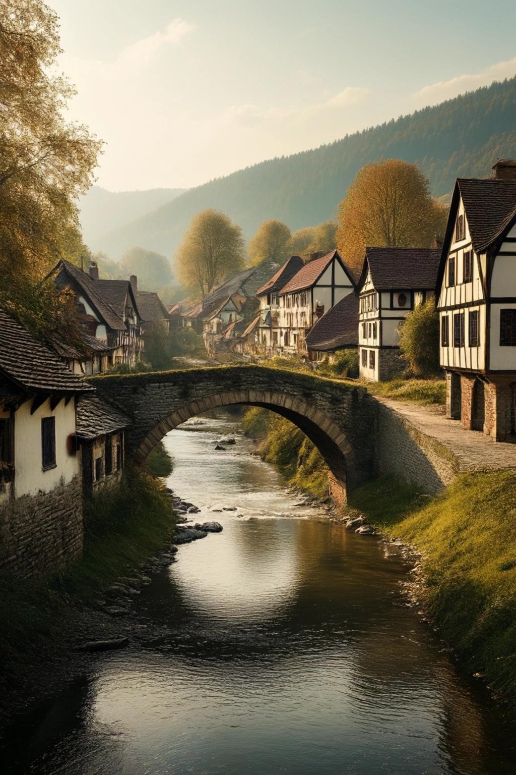 Image with seed 2238814116 generated via Stable Diffusion through @stablehorde@sigmoid.social. Prompt: an image of a litle village with river and old bridge