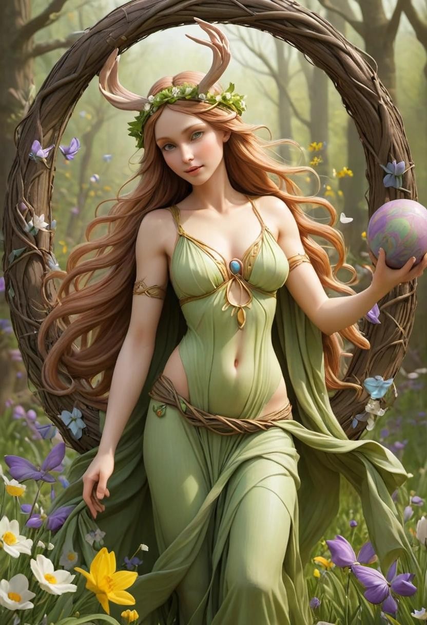Image with seed 4018073095 generated via Stable Diffusion through @stablehorde@sigmoid.social. Prompt: Ostara, Goddess of Spring and Morning 