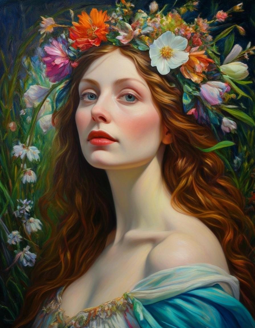 Image with seed 712793413 generated via Stable Diffusion through @stablehorde@sigmoid.social. Prompt: Ostara, Goddess of Spring and Morning  elegant fantasy intricate oil on canvas cinematic lighting portrait beautiful colourful Pre-Raphaelite kitsch academic painting