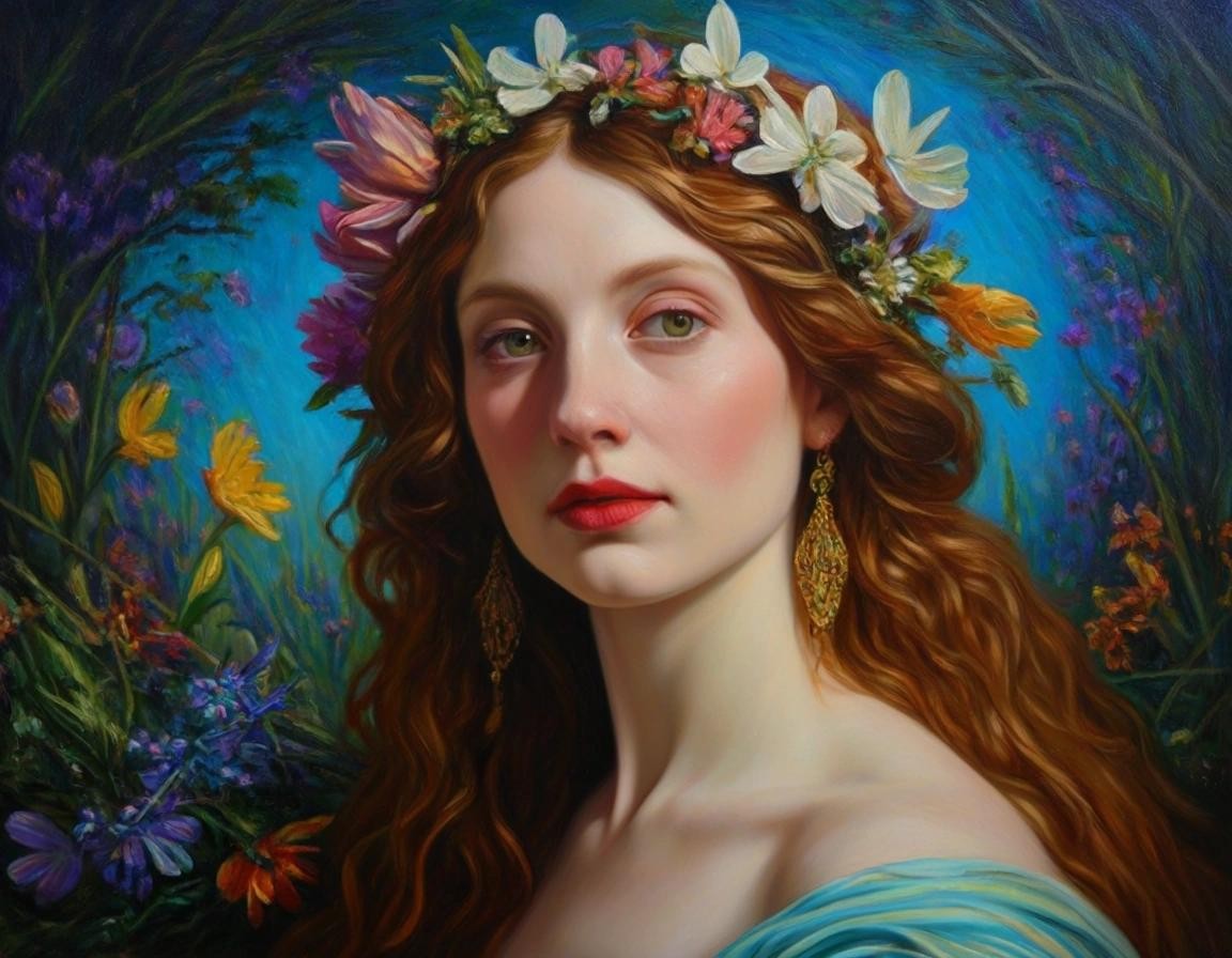 Image with seed 2219282287 generated via Stable Diffusion through @stablehorde@sigmoid.social. Prompt: Ostara, Goddess of Spring and Morning  elegant fantasy intricate oil on canvas cinematic lighting portrait beautiful colourful Pre-Raphaelite kitsch academic painting