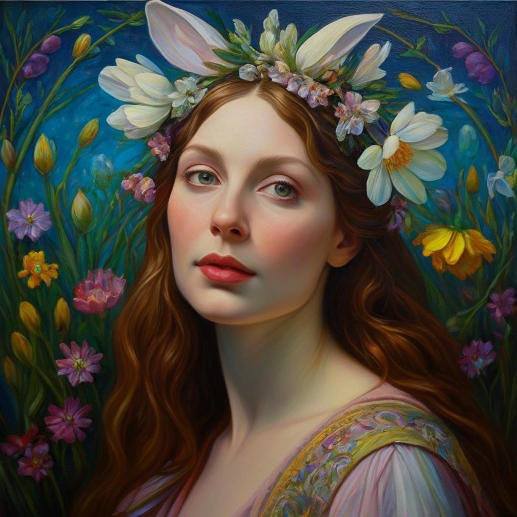 Image with seed 1402604705 generated via Stable Diffusion through @stablehorde@sigmoid.social. Prompt: Ostara, Goddess of Spring and Morning  elegant fantasy intricate oil on canvas cinematic lighting portrait beautiful colourful Pre-Raphaelite kitsch academic painting