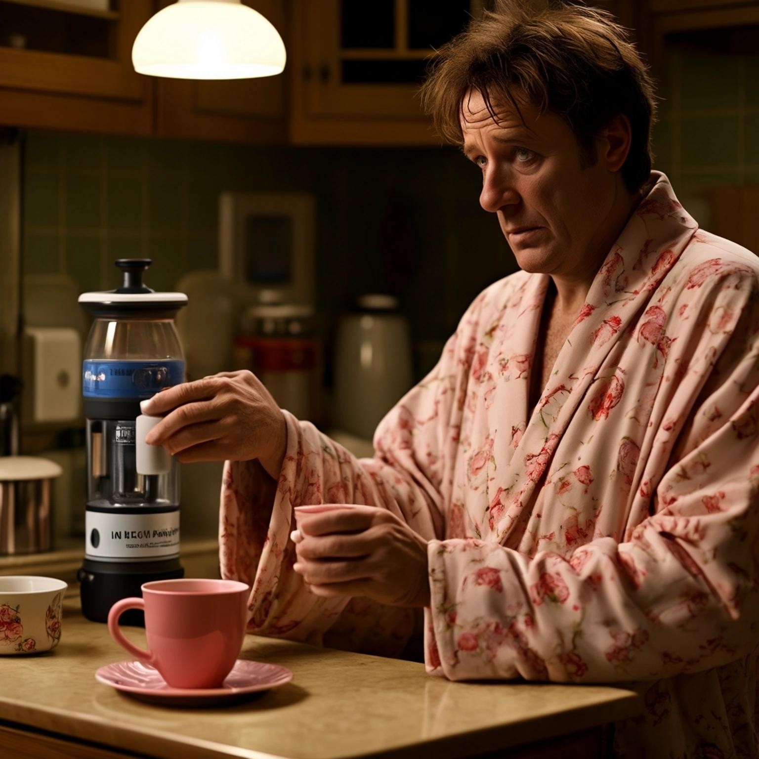 Image with seed 120822508 generated via Stable Diffusion through @stablehorde@sigmoid.social. Prompt: Arthur Dent wearing a dressing gown and pyjamas, looking desparate as he tries to get the Nutri-Matic Drinks Dispenser made by the Sirius Cybernetics Corporation to make a cup of tea. Share and Enjoy™! (Go stick your head in a pig.)