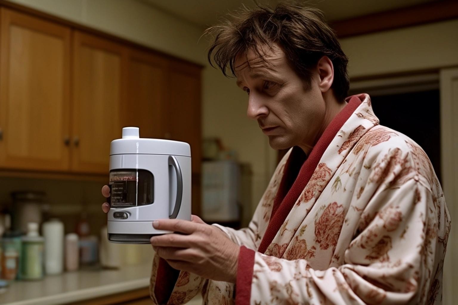 Image with seed 2297305722 generated via Stable Diffusion through @stablehorde@sigmoid.social. Prompt: Arthur Dent wearing a dressing gown and pyjamas, looking desparate as he tries to get the Nutri-Matic Drinks Dispenser made by the Sirius Cybernetics Corporation to make a cup of tea. Share and Enjoy™! (Go stick your head in a pig.)