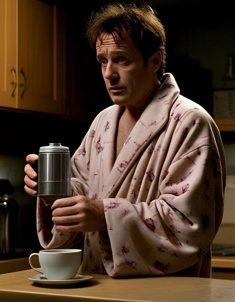 Image with seed 3485006571 generated via Stable Diffusion through @stablehorde@sigmoid.social. Prompt: Arthur Dent wearing a dressing gown and pyjamas, looking desparate as he tries to get the Nutri-Matic Drinks Dispenser made by the Sirius Cybernetics Corporation to make a cup of tea. Share and Enjoy™! (Go stick your head in a pig.)