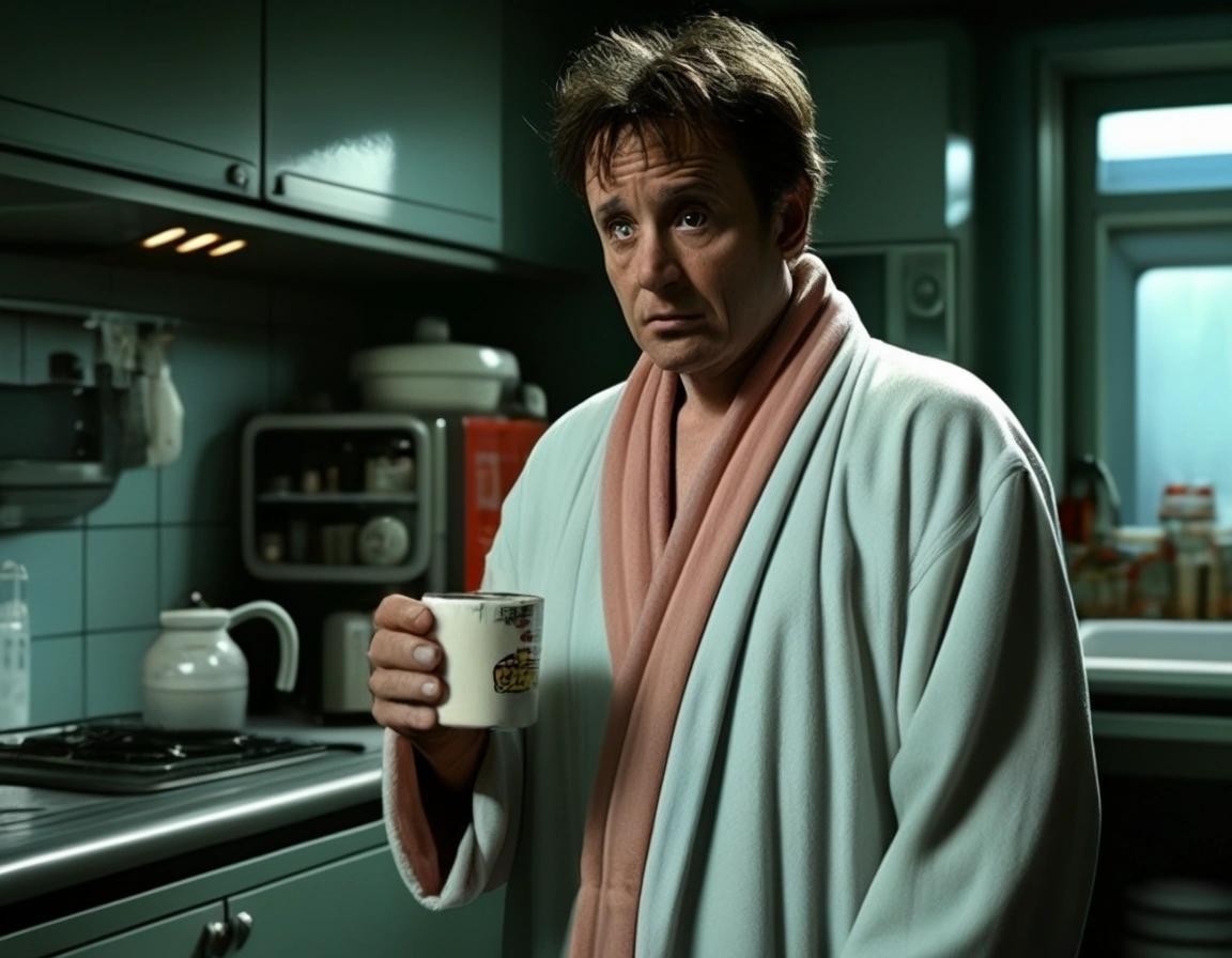 Image with seed 3811283209 generated via Stable Diffusion through @stablehorde@sigmoid.social. Prompt: Arthur Dent wearing a dressing gown and pyjamas, looking desparate as he tries to get the Nutri-Matic Drinks Dispenser made by the Sirius Cybernetics Corporation to make a cup of tea. Share and Enjoy™! (Go stick your head in a pig.) Starship interior background, far future, science fiction, space opera, futuristic cybernetic kitchen