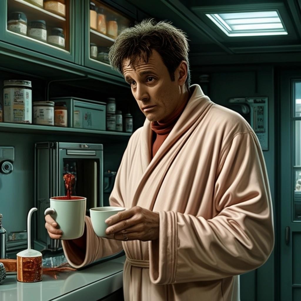 Image with seed 497771089 generated via Stable Diffusion through @stablehorde@sigmoid.social. Prompt: Arthur Dent wearing a dressing gown and pyjamas, looking desparate as he tries to get the Nutri-Matic Drinks Dispenser made by the Sirius Cybernetics Corporation to make a cup of tea. Share and Enjoy™! (Go stick your head in a pig.) Starship interior background, far future, science fiction, space opera, futuristic cybernetic kitchen