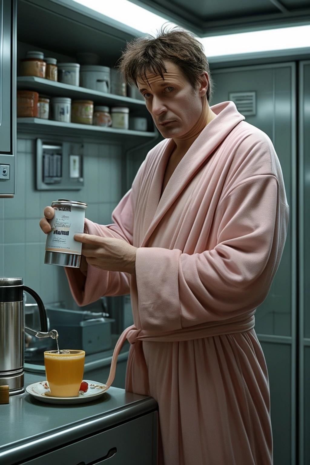 Image with seed 1751891623 generated via Stable Diffusion through @stablehorde@sigmoid.social. Prompt: Arthur Dent wearing a dressing gown and pyjamas, looking desparate as he tries to get the Nutri-Matic Drinks Dispenser made by the Sirius Cybernetics Corporation to make a cup of tea. Share and Enjoy™! (Go stick your head in a pig.) Starship interior background, far future, science fiction, space opera, futuristic cybernetic kitchen
