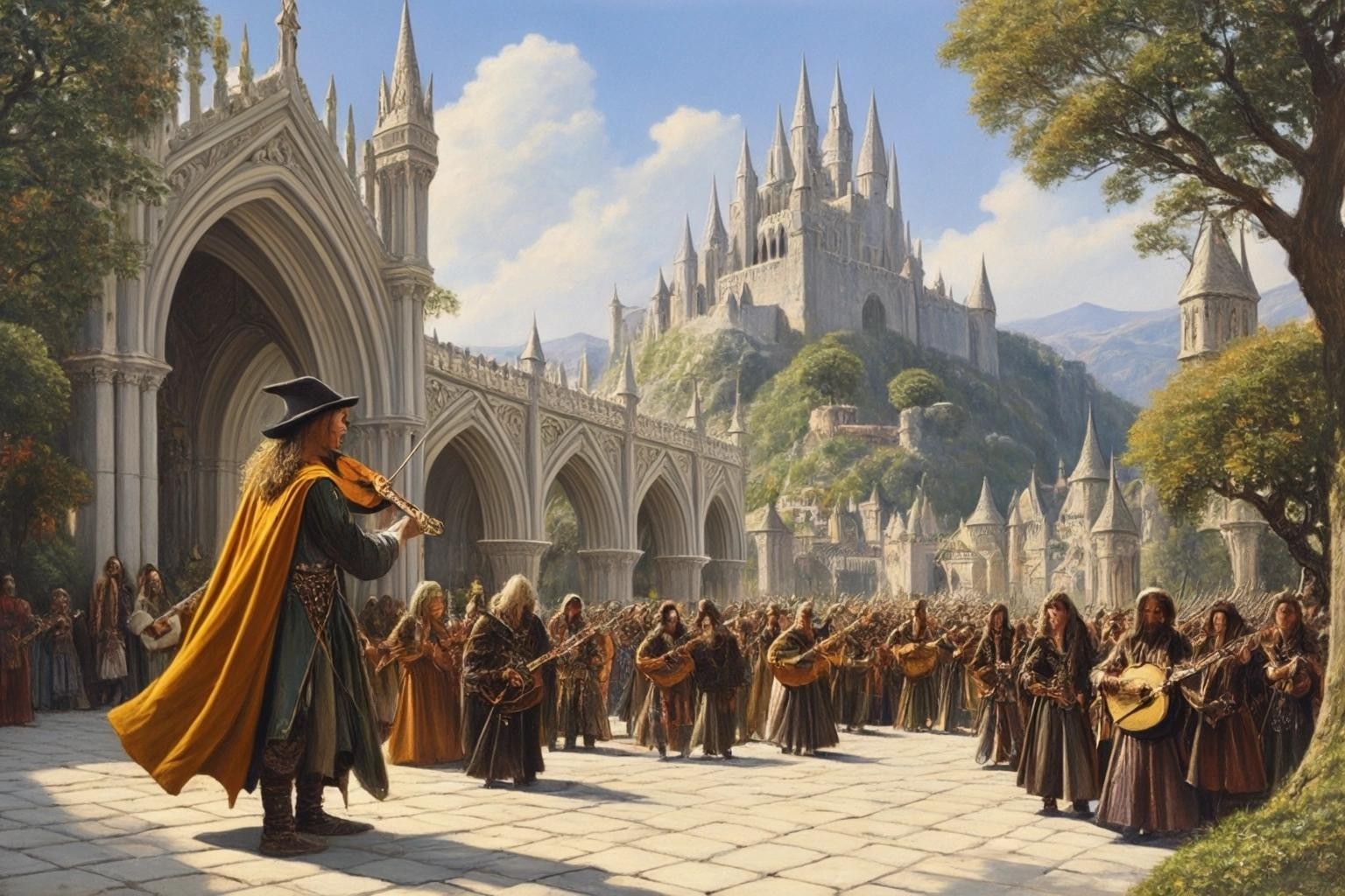 Image with seed 4116175311 generated via Stable Diffusion through @stablehorde@sigmoid.social. Prompt: High Elven Troubadour in the City of Gondolin, high fantasy, oil on canvas, Ted Nasmith, Alan Lee, John Howe, Brothers Hildebrandt, Dante Gabriel Rossetti, John Everett Millais, William Holman Hunt, Edward Burne-Jones, Evelyn De Morgan, Elizabeth Siddal, Lawrence Alma-Tadema, Edmund Leighton, John William Waterhouse