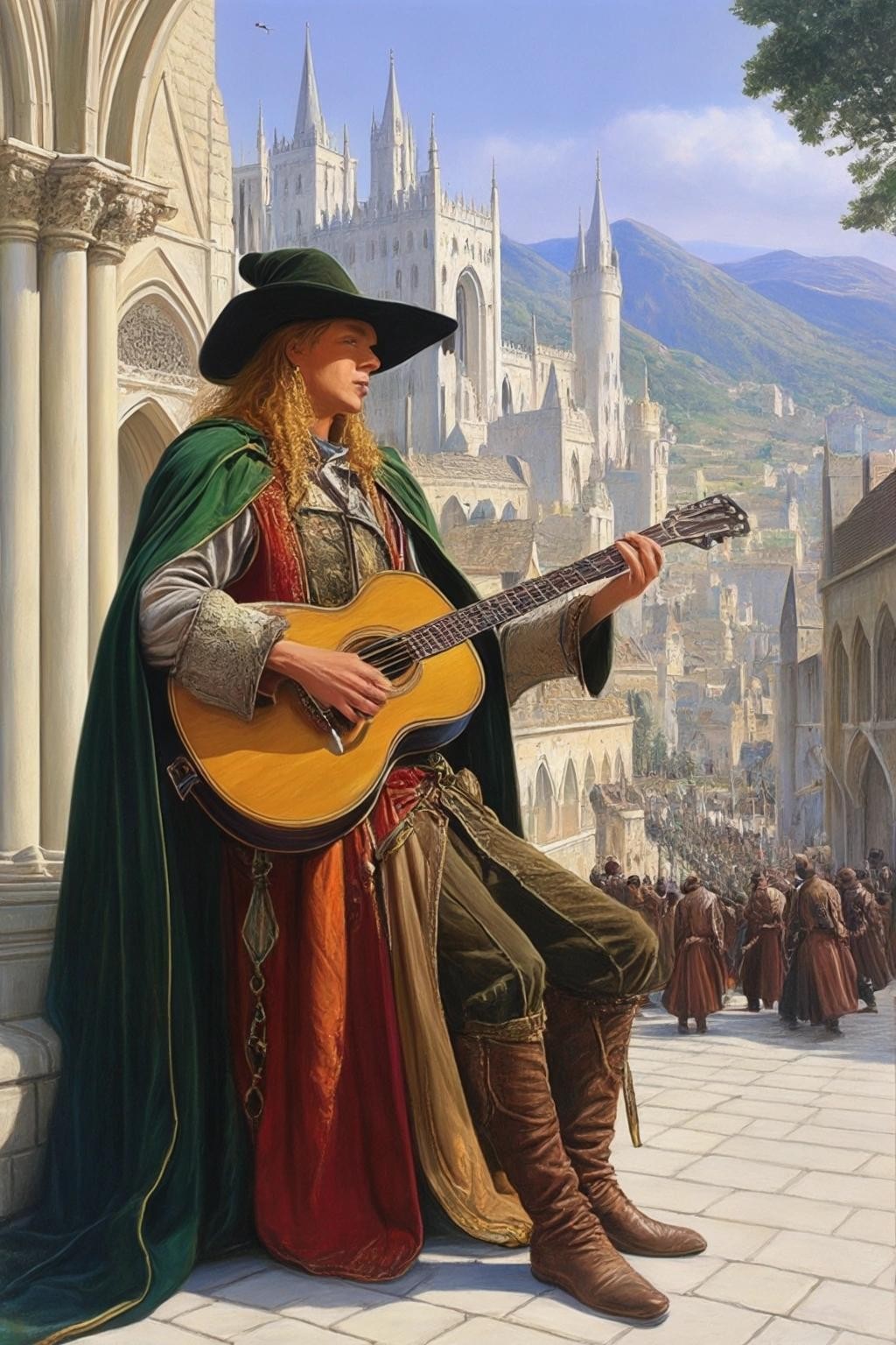 Image with seed 1910820514 generated via Stable Diffusion through @stablehorde@sigmoid.social. Prompt: High Elven Troubadour in the City of Gondolin, high fantasy, oil on canvas, Ted Nasmith, Alan Lee, John Howe, Brothers Hildebrandt, Dante Gabriel Rossetti, John Everett Millais, William Holman Hunt, Edward Burne-Jones, Evelyn De Morgan, Elizabeth Siddal, Lawrence Alma-Tadema, Edmund Leighton, John William Waterhouse