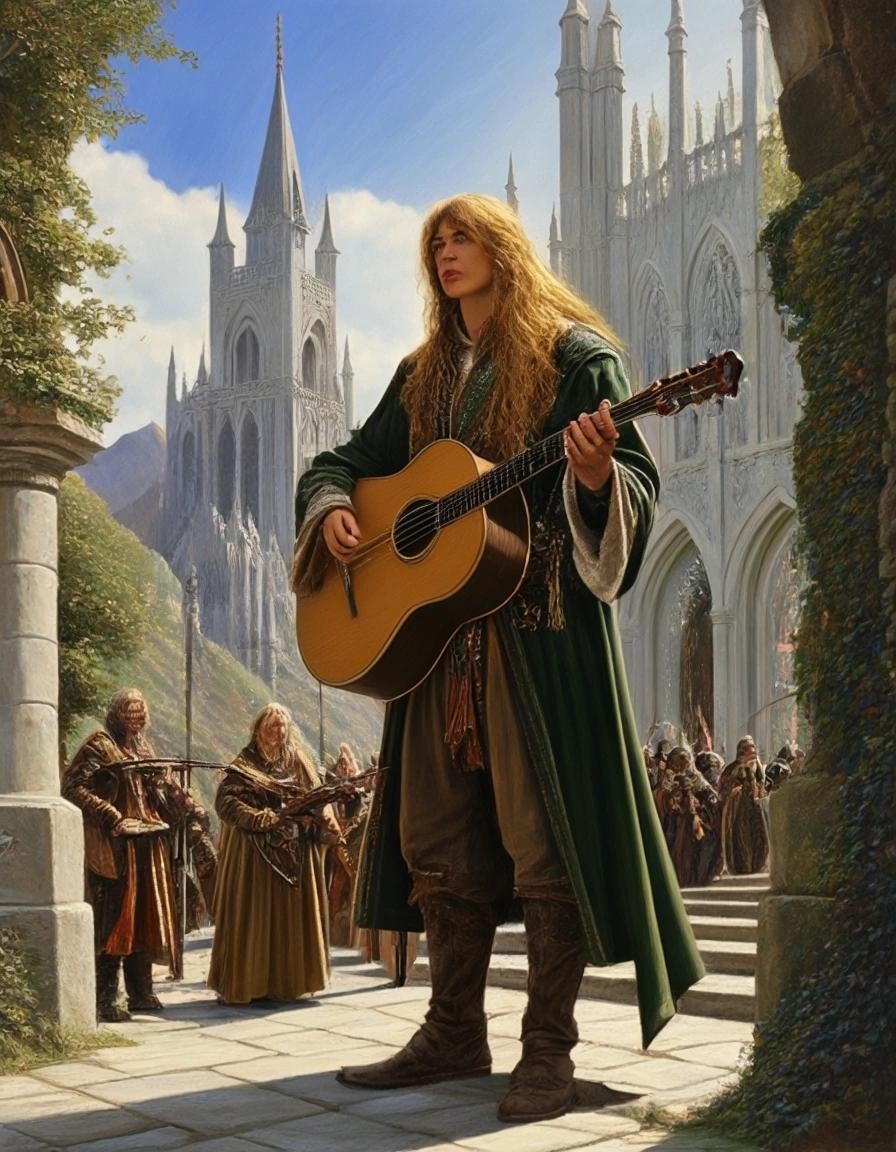 Image with seed 1925467806 generated via Stable Diffusion through @stablehorde@sigmoid.social. Prompt: High Elven Troubadour in the City of Gondolin, high fantasy, oil on canvas, Ted Nasmith, Alan Lee, John Howe, Brothers Hildebrandt, Dante Gabriel Rossetti, John Everett Millais, William Holman Hunt, Edward Burne-Jones, Evelyn De Morgan, Elizabeth Siddal, Lawrence Alma-Tadema, Edmund Leighton, John William Waterhouse