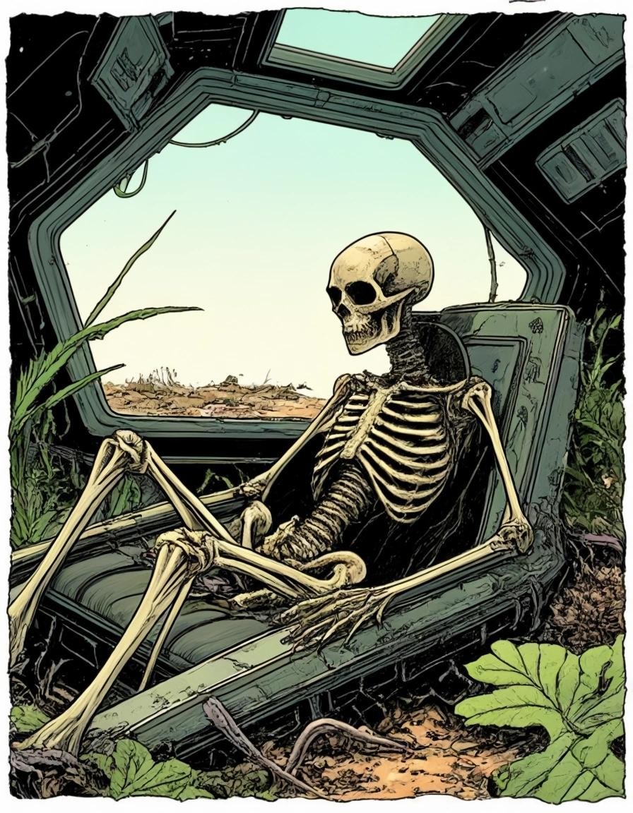 Image with seed 3623362547 generated via Stable Diffusion through @stablehorde@sigmoid.social. Prompt: the skeleton of a dead alien pilot sitting in the broken cockpit of a wrecked starship crashed on an alien planet overgrown with alien vegetation, comic book frame, graphic novel, watercolour on black ink drawing, in the style of Moebius