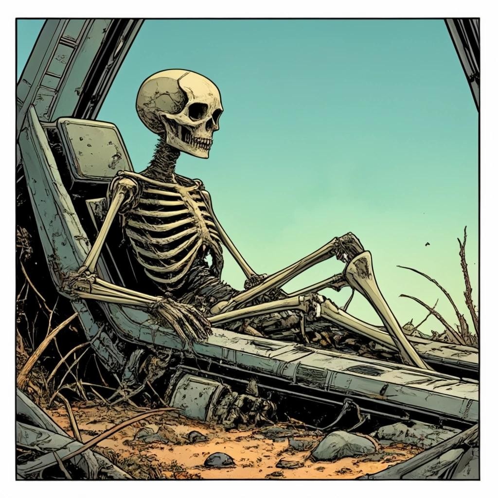 Image with seed 1746655045 generated via Stable Diffusion through @stablehorde@sigmoid.social. Prompt: the skeleton of a dead alien pilot sitting in the broken cockpit of a wrecked starship crashed on an alien planet overgrown with alien vegetation, comic book frame, graphic novel, watercolour on black ink drawing, in the style of Moebius