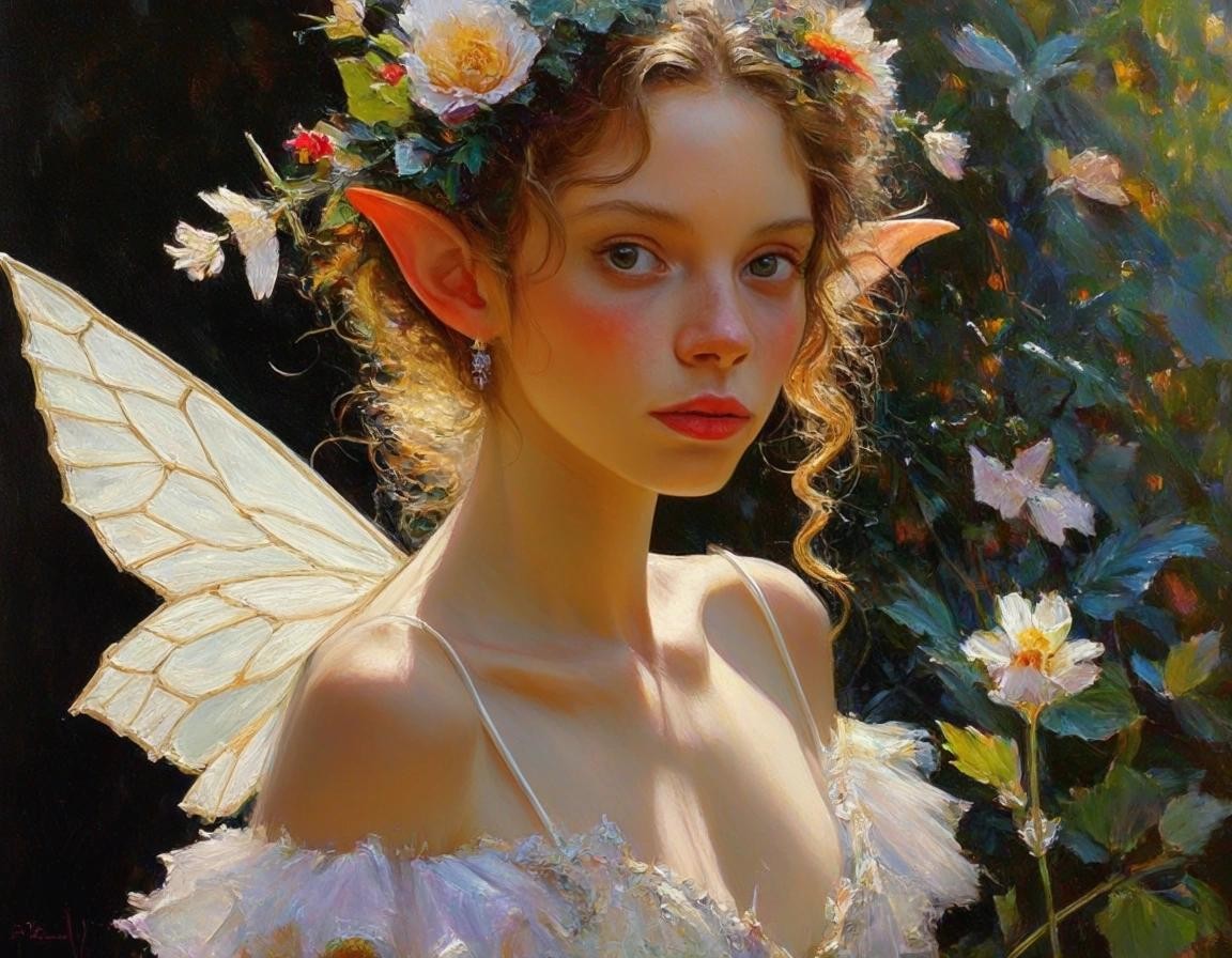 Image with seed 265814098 generated via Stable Diffusion through @stablehorde@sigmoid.social. Prompt: Crystal ballerina Elf, pointy ears, art by James Christensen, prompt by McKay, covered in botanicals and flowers, ornate, hyper detailed face and eyes, dripping paint, overgrown, abandoned, intricate, filigree, mother of pearl, 3D, whimsical, fabulous, fantastical, gold leaf trim, magical, masterpiece painting, hyper detailed, captivating, enchanting, intense, scattered light, Vladimir Volegov and Steve Hanks