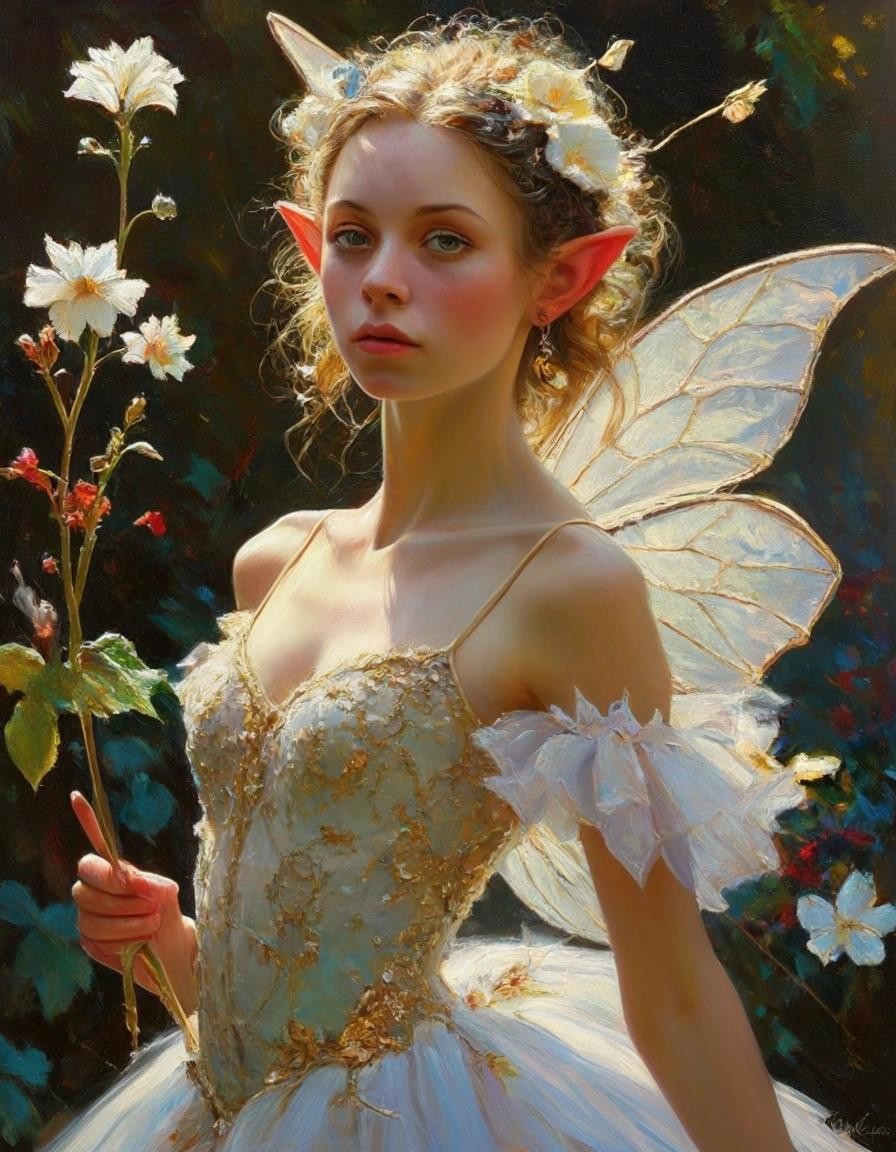Image with seed 955450390 generated via Stable Diffusion through @stablehorde@sigmoid.social. Prompt: Crystal ballerina Elf, pointy ears, art by James Christensen, prompt by McKay, covered in botanicals and flowers, ornate, hyper detailed face and eyes, dripping paint, overgrown, abandoned, intricate, filigree, mother of pearl, 3D, whimsical, fabulous, fantastical, gold leaf trim, magical, masterpiece painting, hyper detailed, captivating, enchanting, intense, scattered light, Vladimir Volegov and Steve Hanks