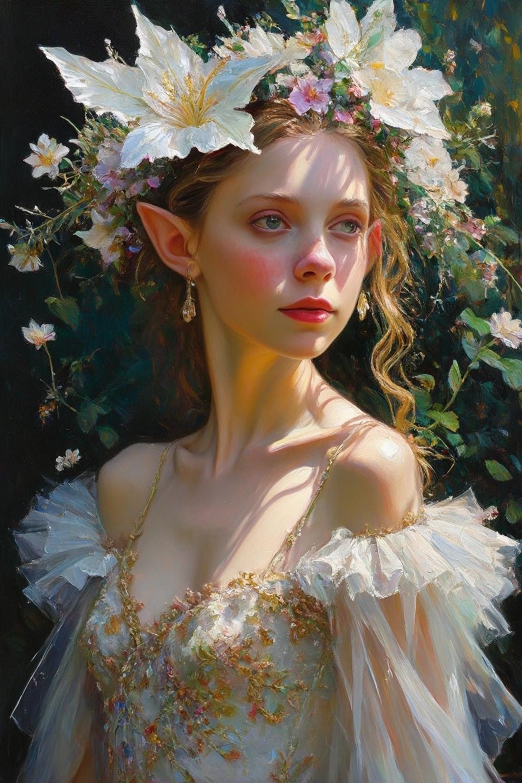 Image with seed 2258538642 generated via Stable Diffusion through @stablehorde@sigmoid.social. Prompt: Crystal ballerina Elf, pointy ears, art by James Christensen, prompt by McKay, covered in botanicals and flowers, ornate, hyper detailed face and eyes, dripping paint, overgrown, abandoned, intricate, filigree, mother of pearl, 3D, whimsical, fabulous, fantastical, gold leaf trim, magical, masterpiece painting, hyper detailed, captivating, enchanting, intense, scattered light, Vladimir Volegov and Steve Hanks