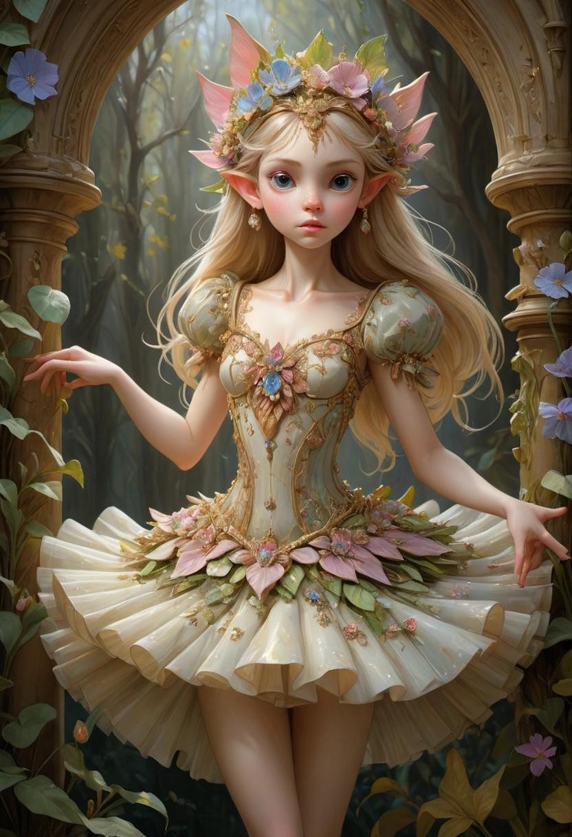 Image with seed 3260360711 generated via Stable Diffusion through @stablehorde@sigmoid.social. Prompt: Crystal ballerina Elf, pointy ears, art by James Christensen, prompt by McKay, covered in botanicals and flowers, ornate, hyper detailed face and eyes, dripping paint, overgrown, abandoned, intricate, filigree, mother of pearl, 3D, whimsical, fabulous, fantastical, gold leaf trim, magical, masterpiece painting, hyper detailed, captivating, enchanting, intense, scattered light, Vladimir Volegov and Steve Hanks 
