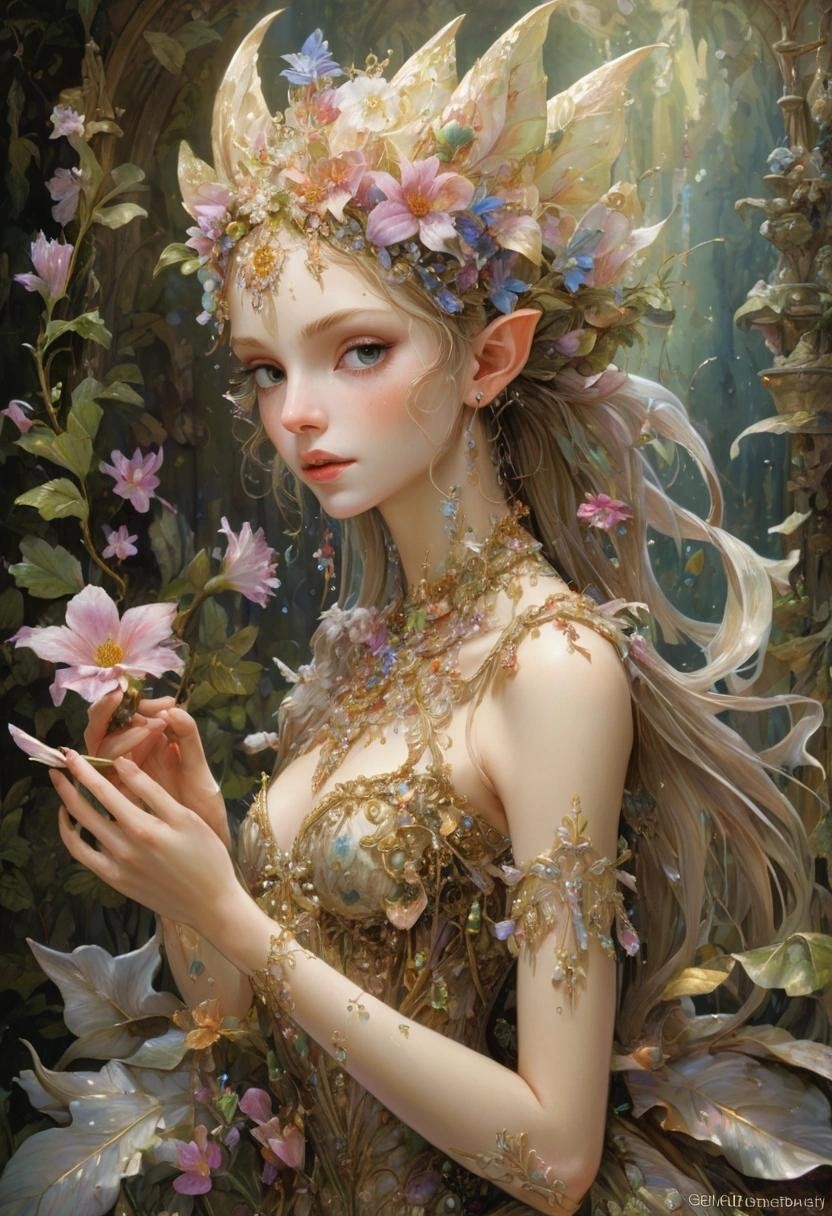 Image with seed 1796853650 generated via Stable Diffusion through @stablehorde@sigmoid.social. Prompt: Crystal ballerina Elf, pointy ears, art by James Christensen, prompt by McKay, covered in botanicals and flowers, ornate, hyper detailed face and eyes, dripping paint, overgrown, abandoned, intricate, filigree, mother of pearl, 3D, whimsical, fabulous, fantastical, gold leaf trim, magical, masterpiece painting, hyper detailed, captivating, enchanting, intense, scattered light, Vladimir Volegov and Steve Hanks 