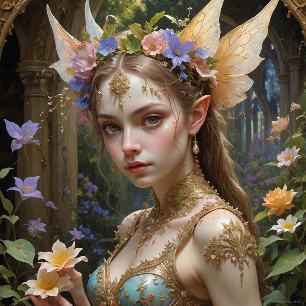 Image with seed 2436097161 generated via Stable Diffusion through @stablehorde@sigmoid.social. Prompt: @stablehorde_generator draw for us Crystal ballerina Elf, pointy ears, art by James Christensen, prompt by McKay, covered in botanicals and flowers, ornate, hyper detailed face and eyes, dripping paint, overgrown, abandoned, intricate, filigree, mother of pearl, 3D, whimsical, fabulous, fantastical, gold leaf trim, magical, masterpiece painting, hyper detailed, captivating, enchanting, intense, scattered light, Vladimir Volegov and Steve Hanks 