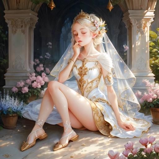 Image with seed 3348345494 generated via Stable Diffusion through @stablehorde@sigmoid.social. Prompt: @stablehorde_generator draw for us Crystal ballerina Elf, pointy ears, art by James Christensen, prompt by McKay, covered in botanicals and flowers, ornate, hyper detailed face and eyes, dripping paint, overgrown, abandoned, intricate, filigree, mother of pearl, 3D, whimsical, fabulous, fantastical, gold leaf trim, magical, masterpiece painting, hyper detailed, captivating, enchanting, intense, scattered light, Vladimir Volegov and Steve Hanks 